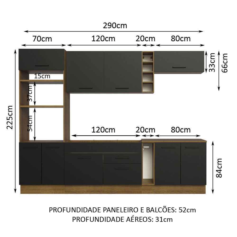 Armário de Cozinha Completa 290cm Rustic/Preto Agata Madesa 01