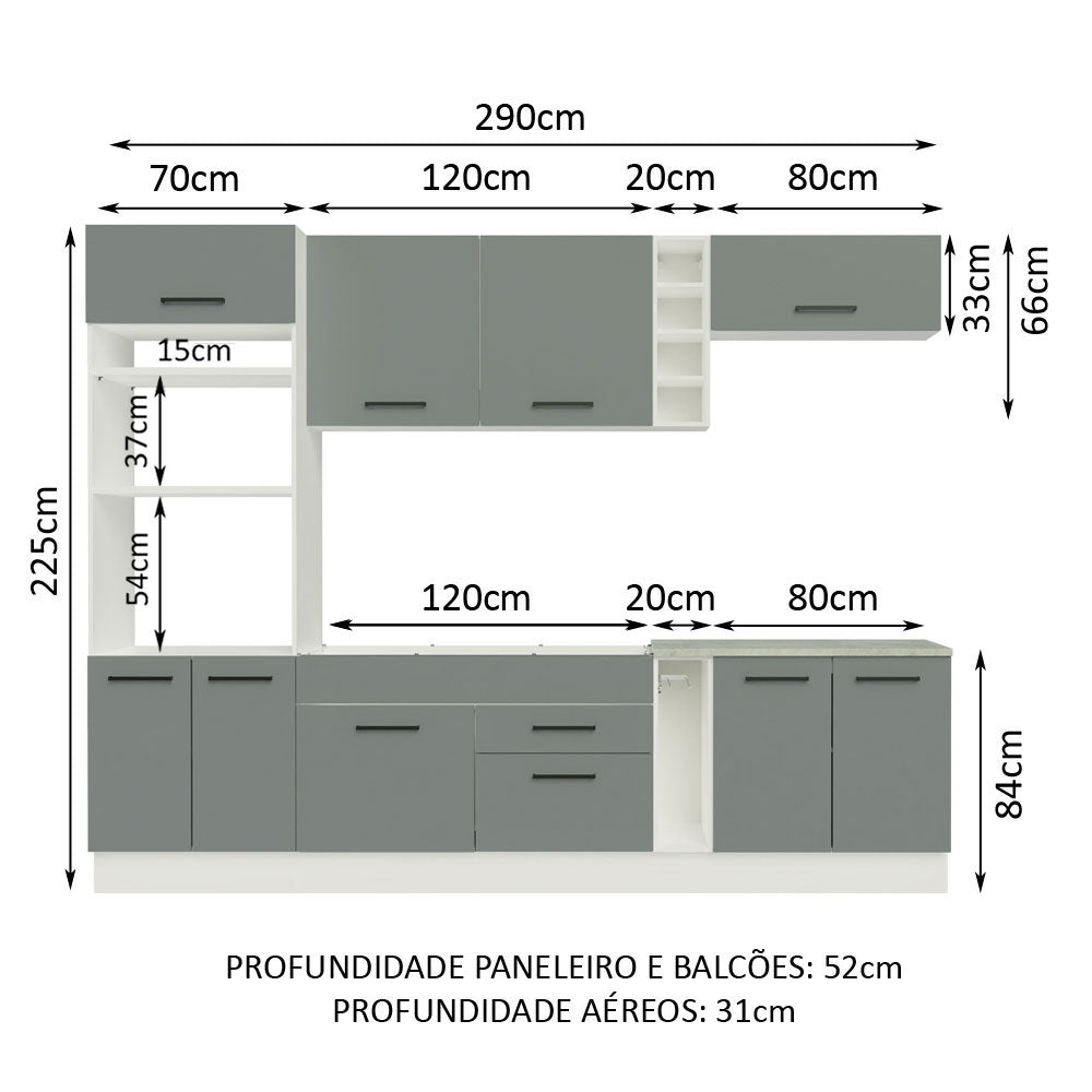Armário de Cozinha Completa 290cm Branco/Cinza Agata Madesa 02