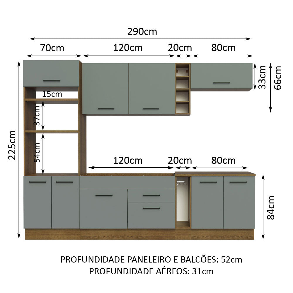 Armário de Cozinha Completa 290cm Rustic/Cinza Agata Madesa 01