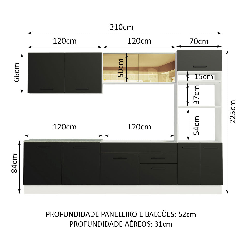 Armário de Cozinha Completa 310cm Branco/Preto Agata Madesa 01