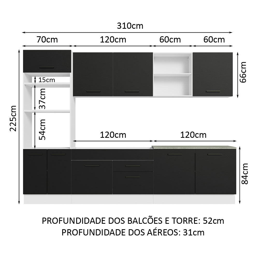 Armário de Cozinha Completa 310cm Branco/Preto Agata Madesa 02