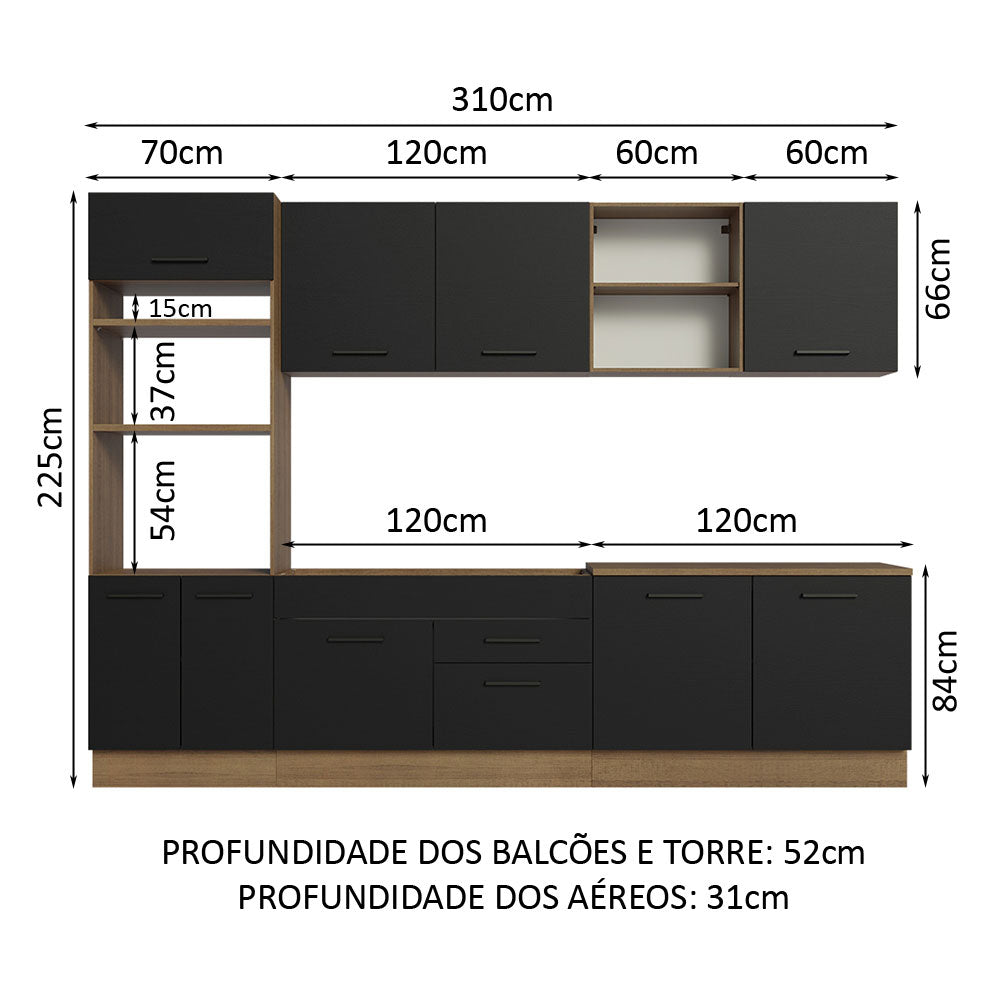 Armário de Cozinha Completa 310cm Rustic/Preto Agata Madesa 02