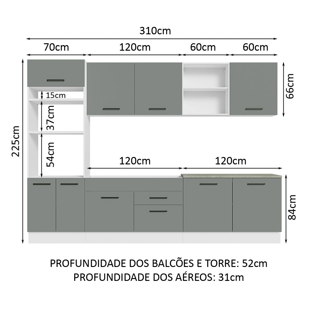 Armário de Cozinha Completa 310cm Branco/Cinza Agata Madesa 02