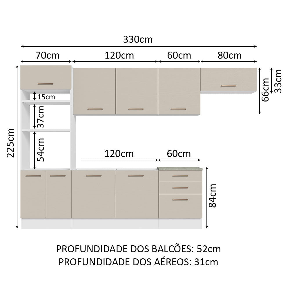 Armário de Cozinha Completa 330cm Branco/Crema Agata Madesa 01