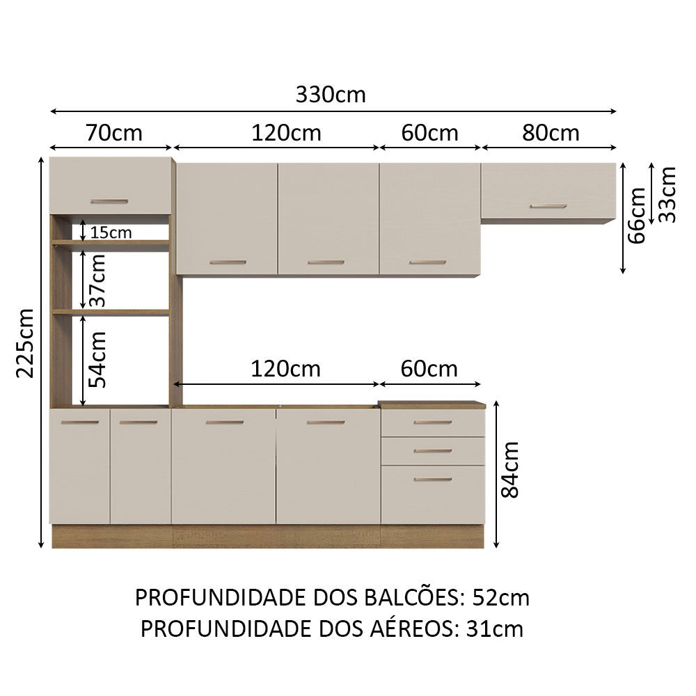 Armário de Cozinha Completa 330cm Rustic/Crema Agata Madesa 01