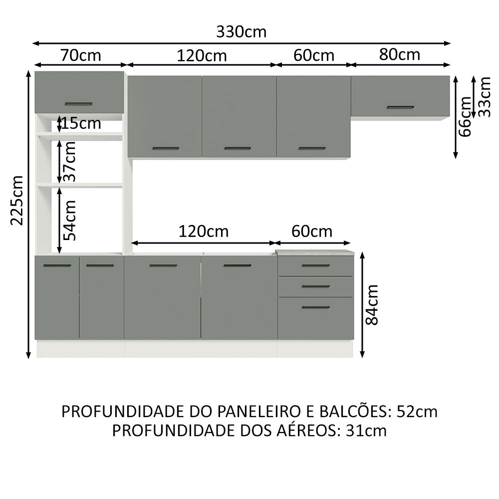 Armário de Cozinha Completa 330cm Branco Cinza Agata Madesa 01