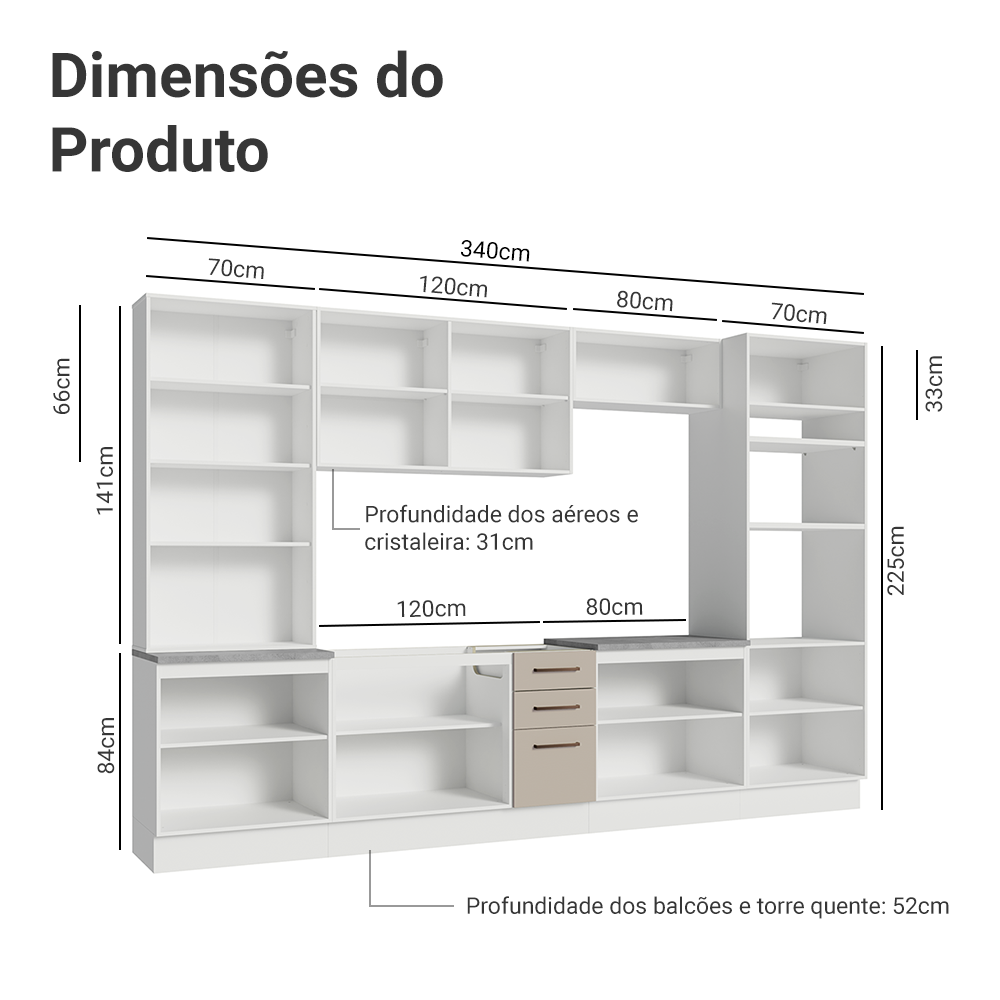 Armário de Cozinha Completa 340cm Branco/Crema Agata Madesa 01