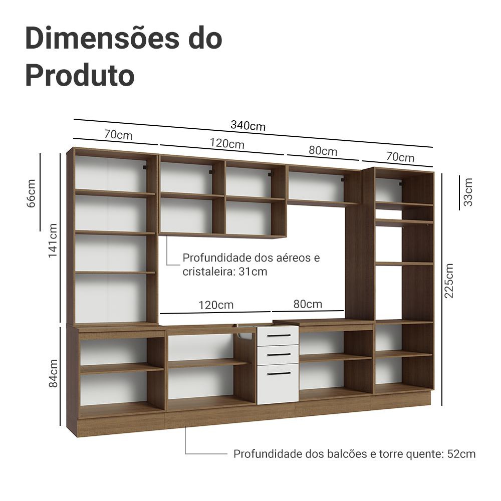 Armário de Cozinha Completa 340cm Rustic/Branco Agata Madesa 01