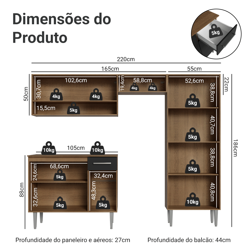 Armário de Cozinha Completa 220 cm Rustic/Preto Deli Madesa 01