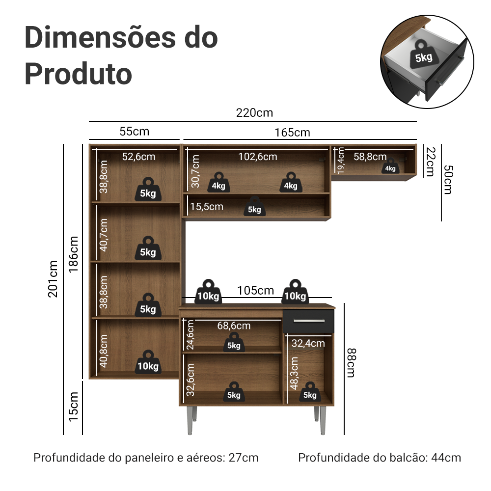 Armário de Cozinha Completa 220 cm Rustic/Preto Deli Madesa 03