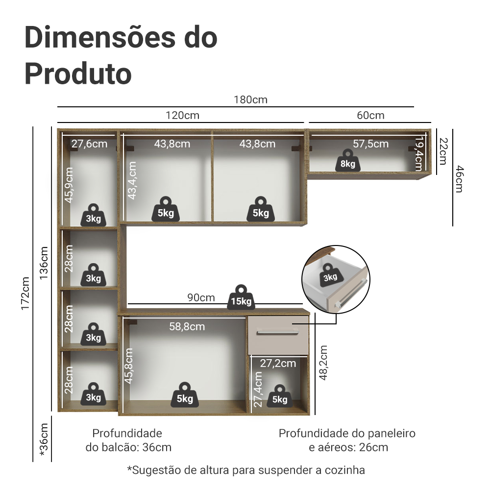 Armário de Cozinha Compacta 180cm Rustic/Crema Easy Madesa