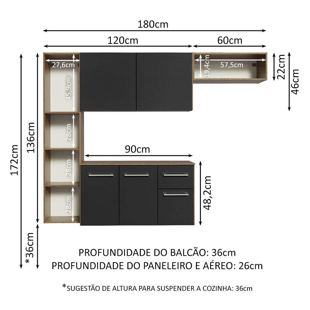 Armário de Cozinha Compacta 180cm Rustic/Preto Easy Madesa