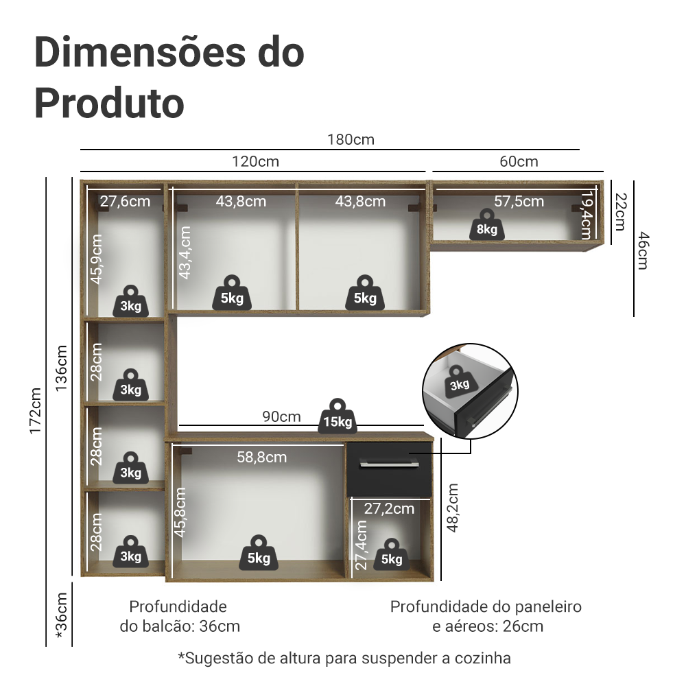 Armário de Cozinha Compacta 180cm Rustic/Preto Easy Madesa