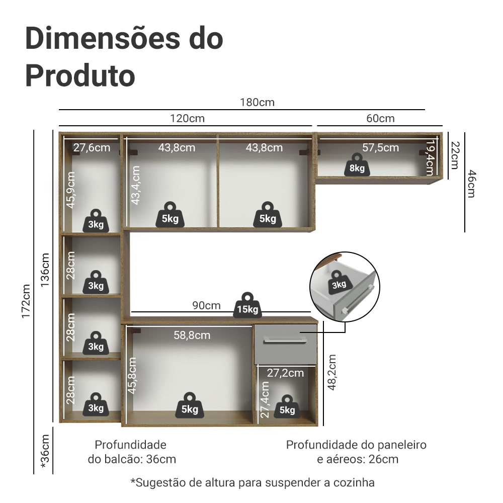 Armário de Cozinha Compacta 180cm Rustic/Cinza Easy Madesa