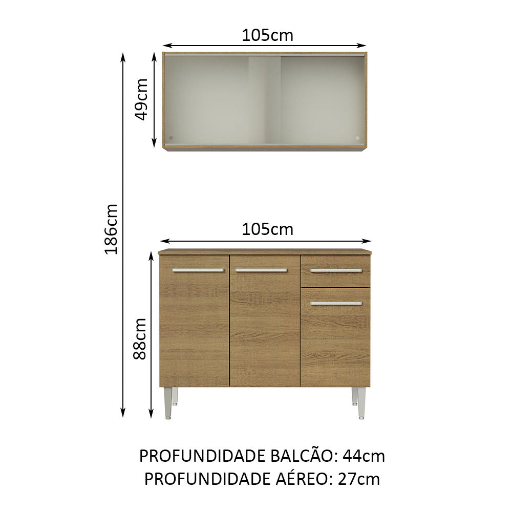 Armário de Cozinha Compacta Emilly 105cm com Armário e Balcão Rustic Emilly Madesa 01