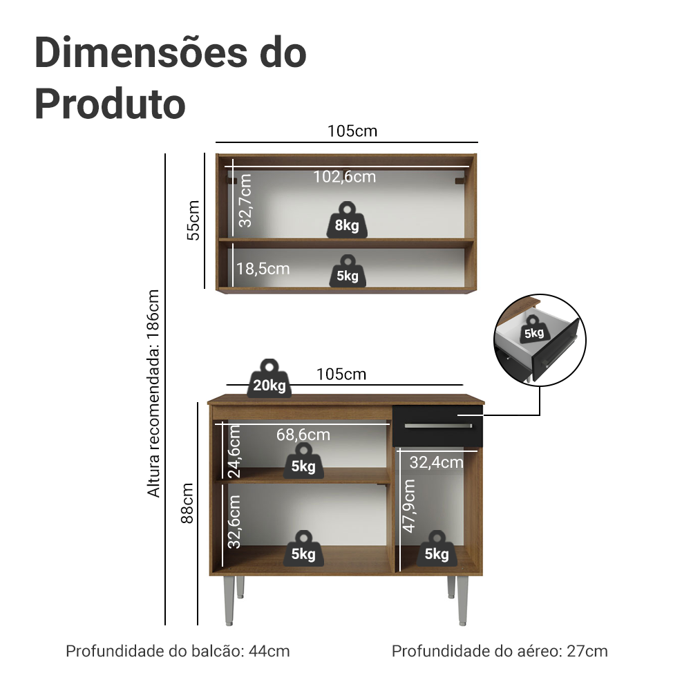 Armário de Cozinha Compacta 105cm Rustic/Preto Emilly Madesa 03