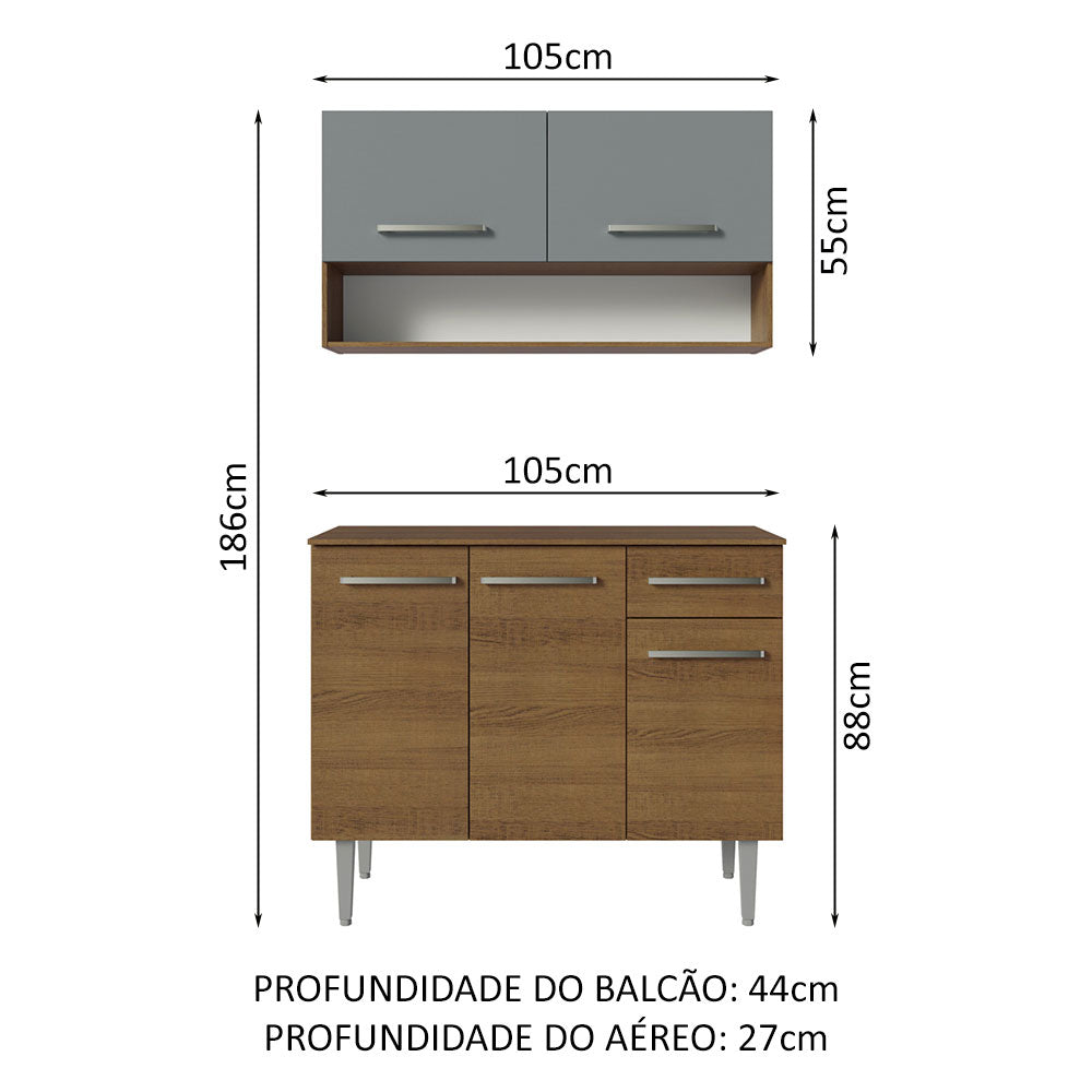 Armário de Cozinha Compacta 105cm Rustic/Cinza Emilly Madesa 03
