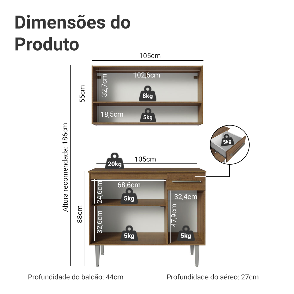 Armário de Cozinha Compacta 105cm Rustic/Cinza Emilly Madesa 03