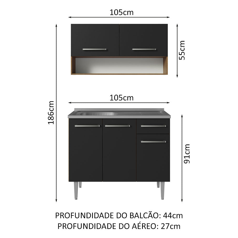 Armário de Cozinha Compacta 105cm com Pia Rustic/Preto Emilly Madesa 04