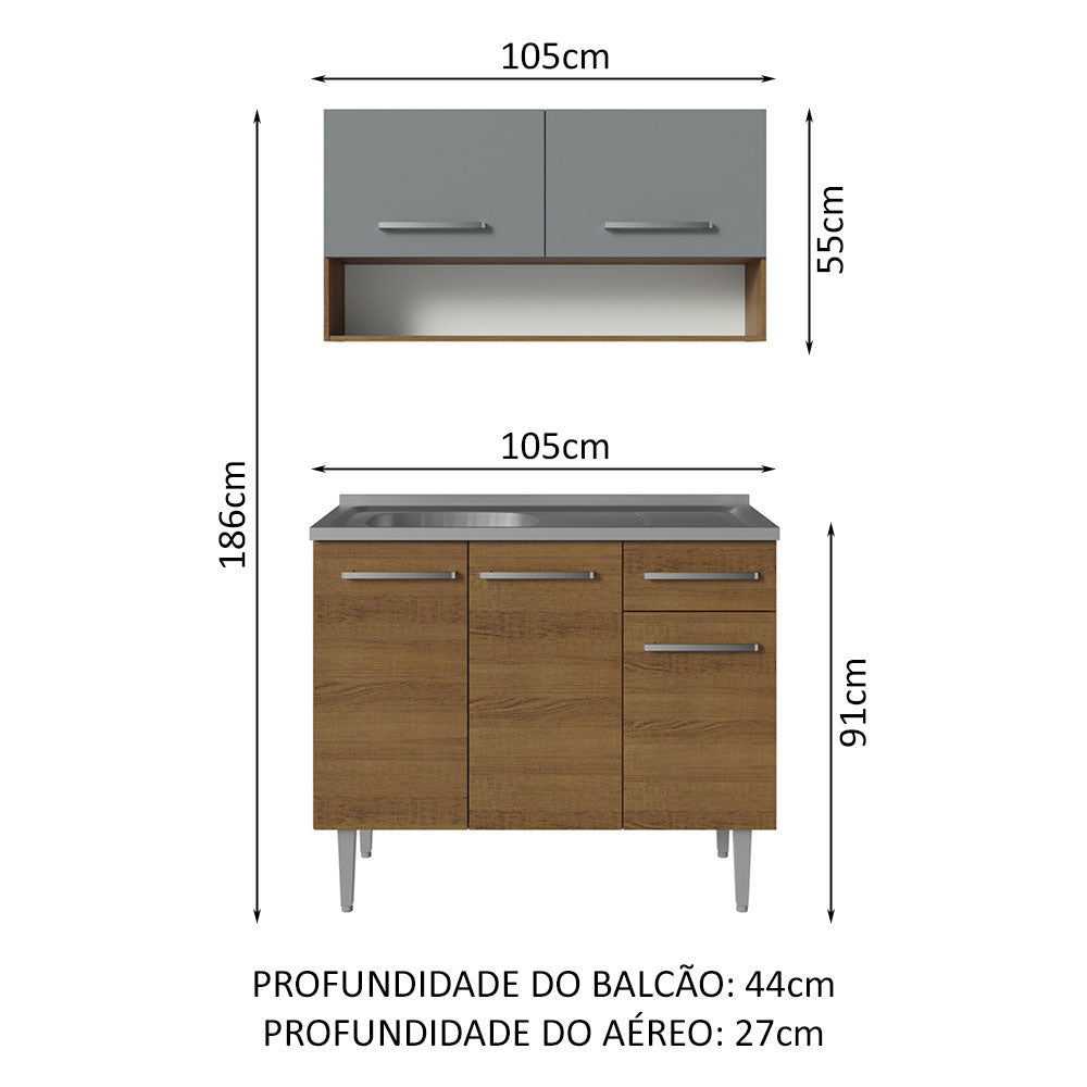 Armário de Cozinha Compacta 105cm com Pia Rustic/Cinza Emilly Madesa 04