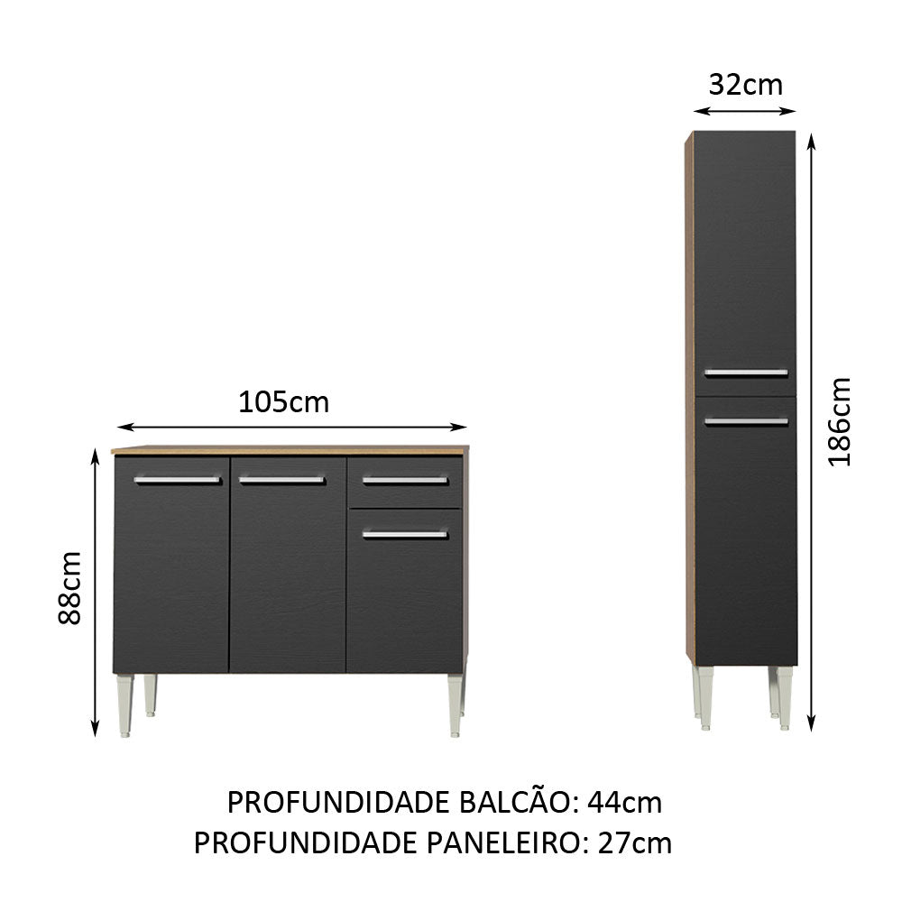 Armário de Cozinha Compacta 137cm Rustic/Preto Emilly Silver Madesa 01
