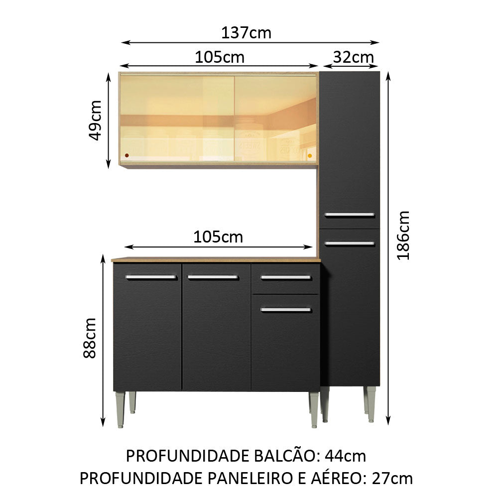 Armário de Cozinha Compacta 137cm Rustic/Preto Emilly Gold Madesa 03