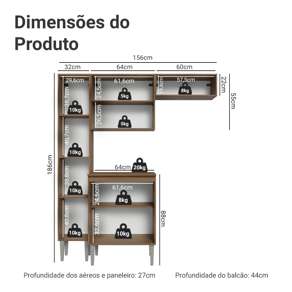 Armário de Cozinha Compacta 156 cm Rustic/Cinza Emilly Madesa 01