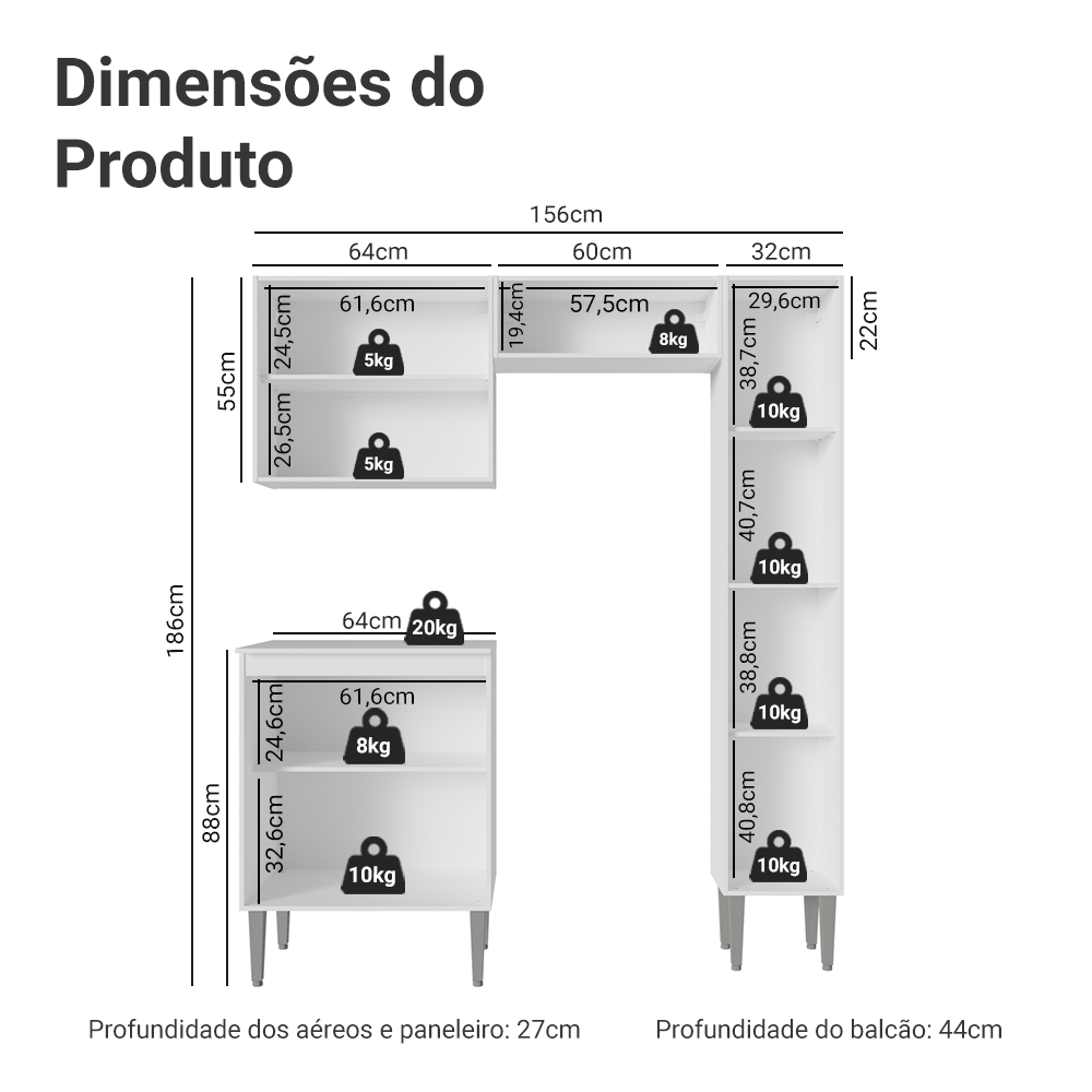 Armário de Cozinha Compacta 156cm Branco Emilly Madesa 02