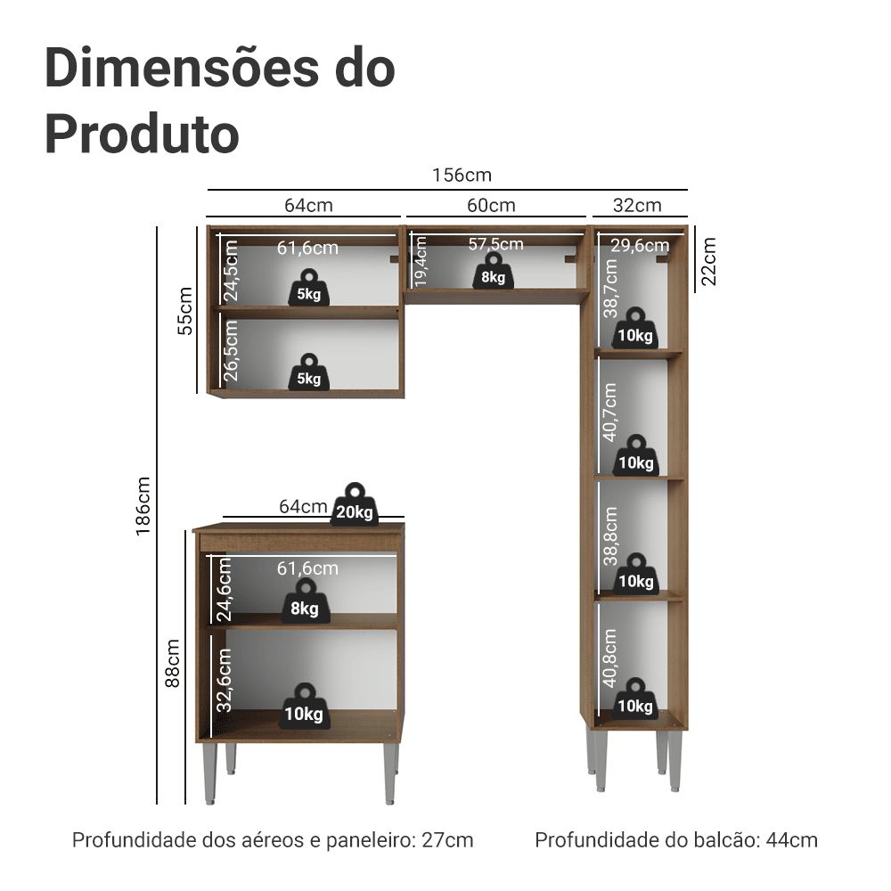 Armário de Cozinha Compacta 156 cm Rustic/Cinza Emilly Madesa 02