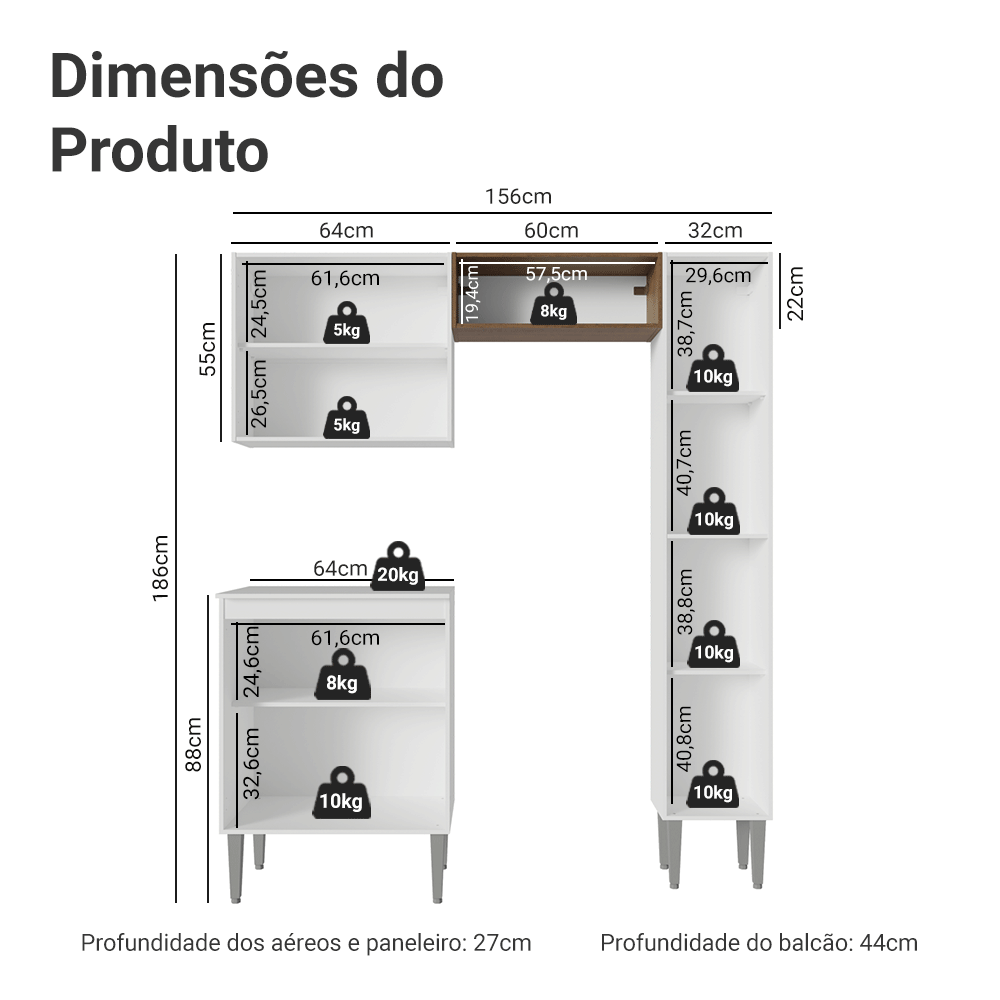 Armário de Cozinha Compacta 156 cm Branco/Rustic Emilly Madesa 02