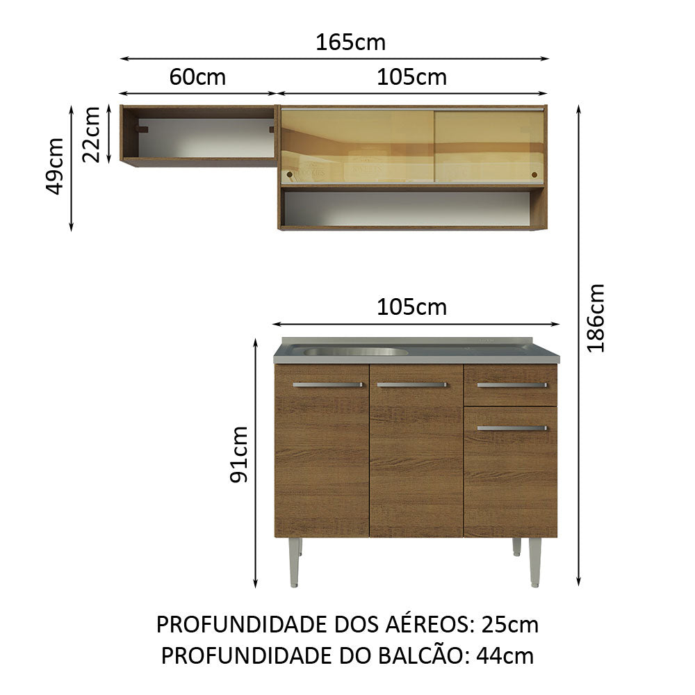 Armário de Cozinha Compacta 165cm com Pia Rustic Emilly Madesa 01