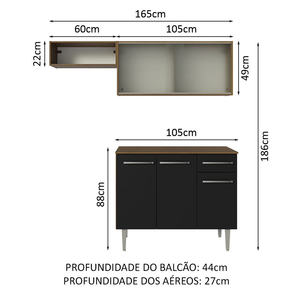 Armário de Cozinha Compacta 165cm Rustic/Preto Emilly Madesa 03
