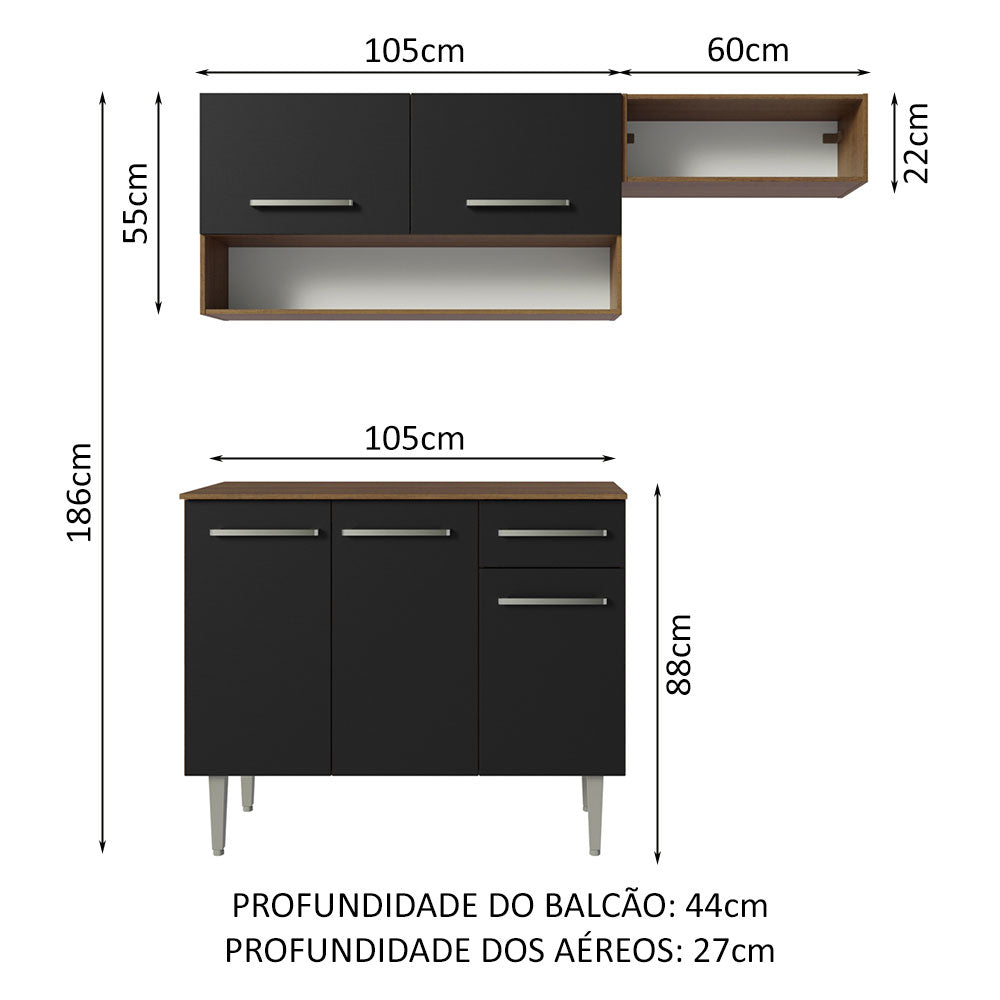 Armário de Cozinha Compacta 165cm Rustic/Preto Emilly Madesa 07