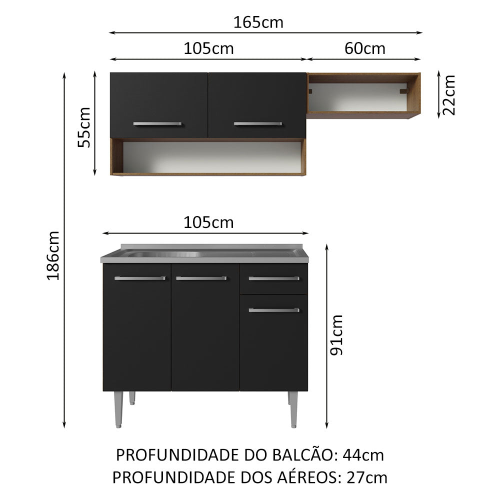Armário de Cozinha Compacta 165cm com Pia Rustic/Preto Emilly Madesa 09