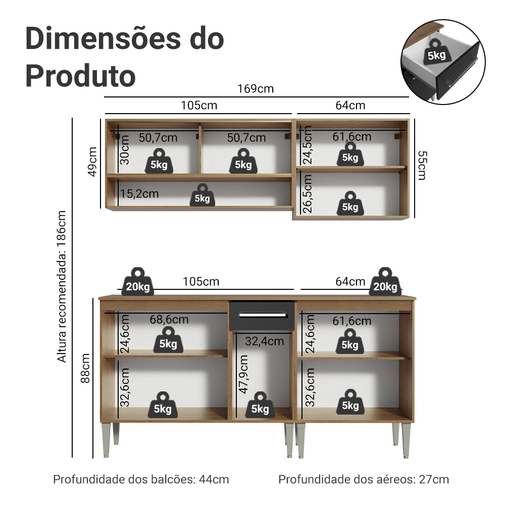 Armário de Cozinha Completa 169cm Rustic/Preto Emilly Box Madesa 03