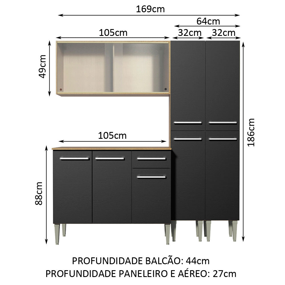 Armário de Cozinha Completa 169cm Rustic/Preto Emilly Fly Madesa 05