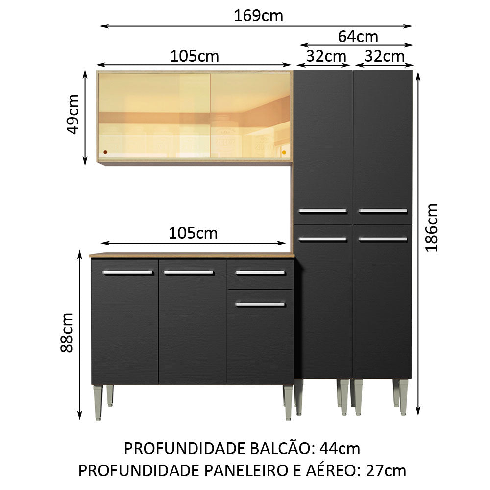 Armário de Cozinha Completa 169cm Rustic/Preto Emilly Voice Madesa 06