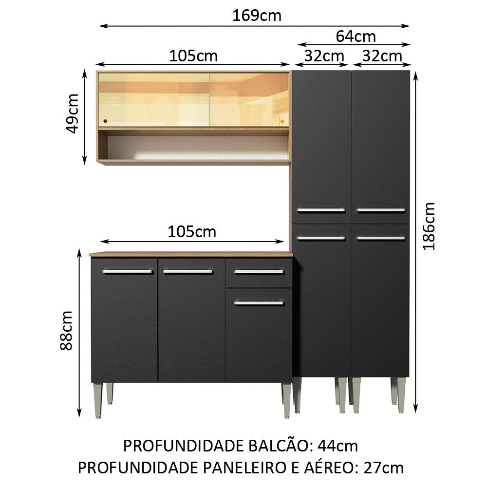 Armário de Cozinha Compacta 169cm Rustic/Preto Emilly Winter Madesa 08