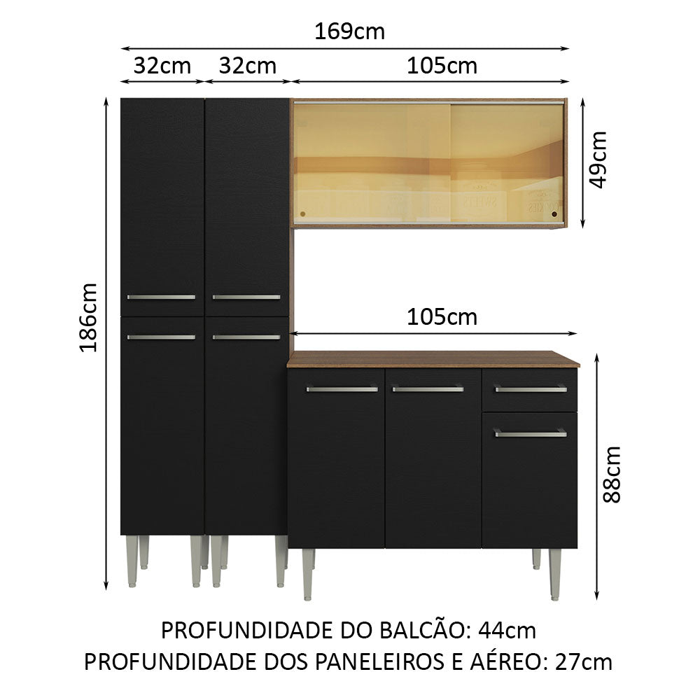 Armário de Cozinha Compacta 169cm Rustic/Preto Emilly Madesa 09