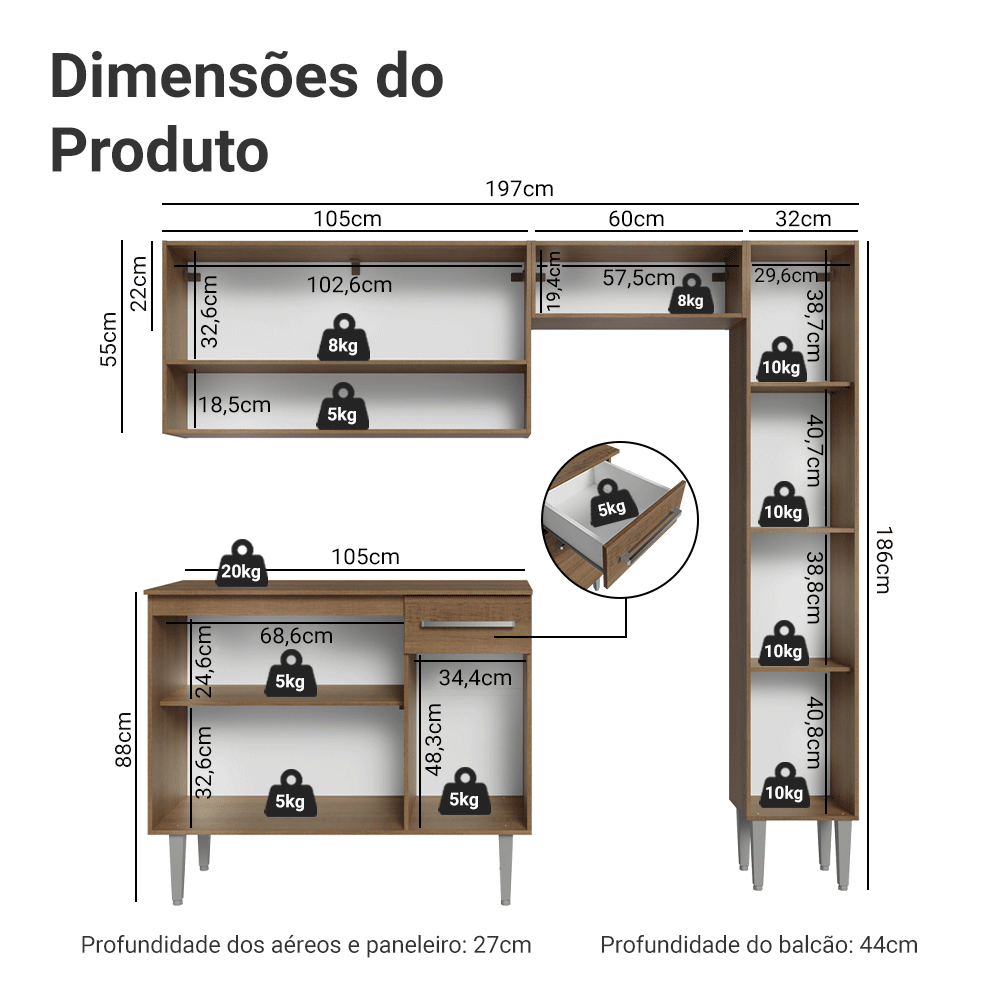 Armário de Cozinha Completa 197 cm Rustic Emilly Madesa 01