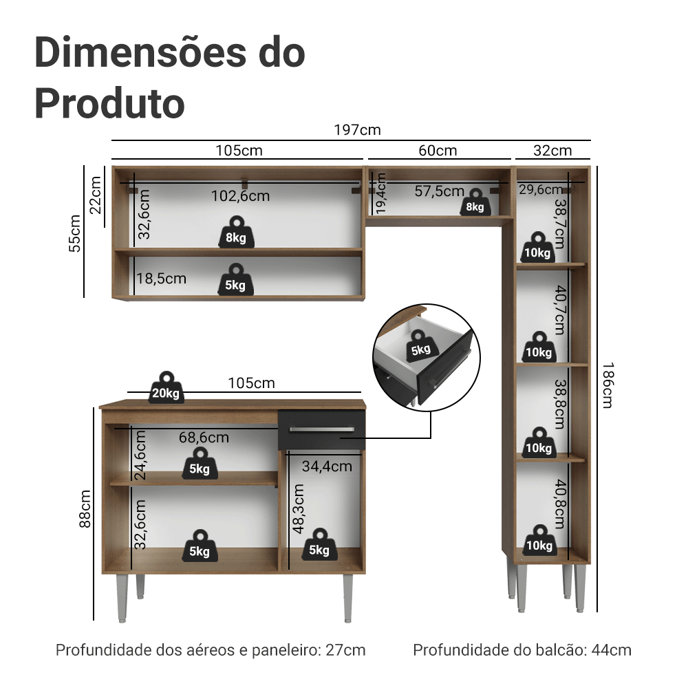 Armário de Cozinha Completa 197 cm Rustic/Preto Emilly Madesa 01