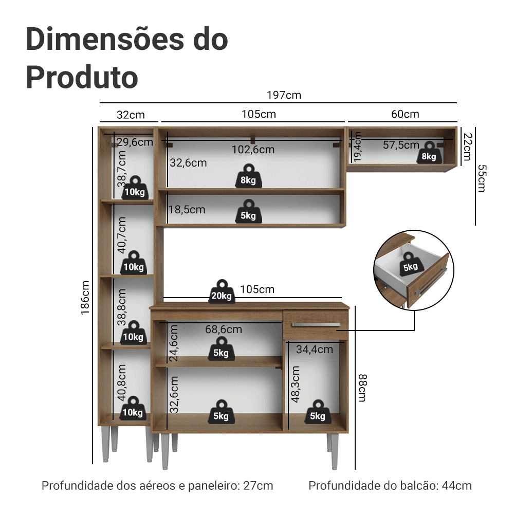 Armário de Cozinha Completa 197 cm Rustic/Cinza Emilly Madesa 02