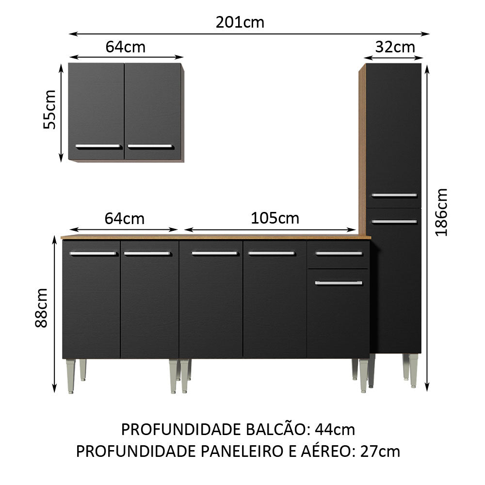 Armário de Cozinha Completa 201cm Rustic/Preto Emilly Sing Madesa 01