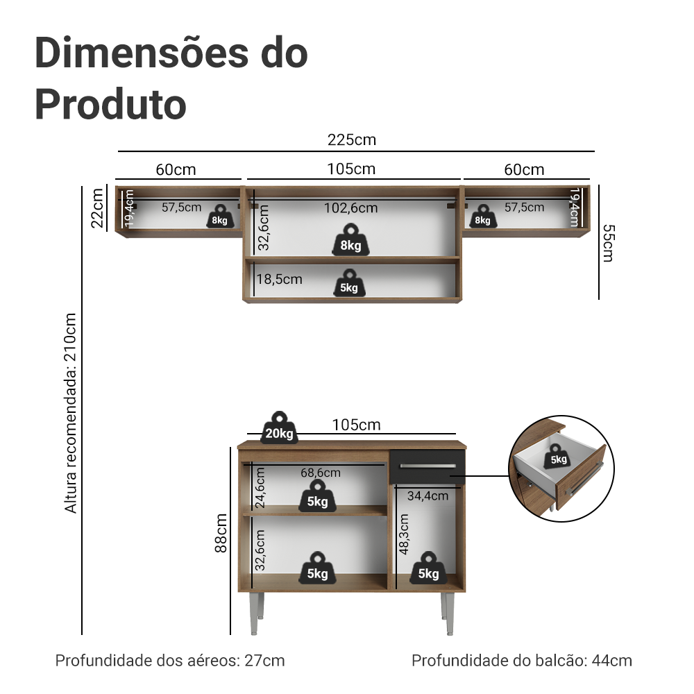 Armário de Cozinha Completa 225cm Rustic/Preto Emilly Madesa 01