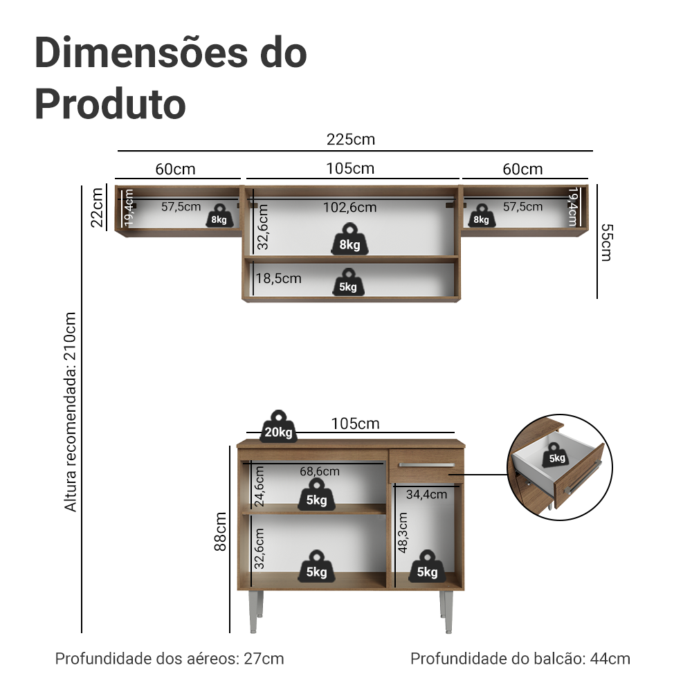 Armário de Cozinha Completa 225cm Rustic/Cinza Emilly Madesa 01