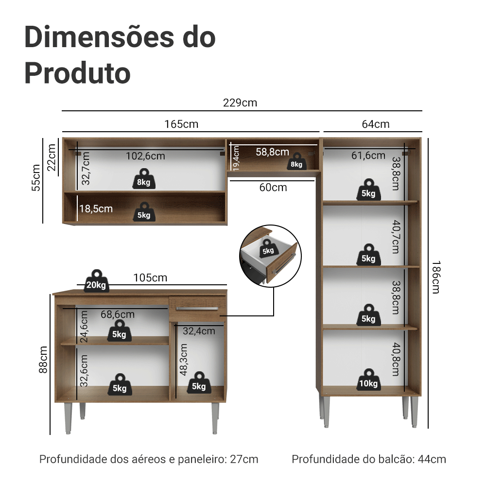 Armário de Cozinha Compacta 229cm Rustic/Preto Emilly Pop Madesa 02