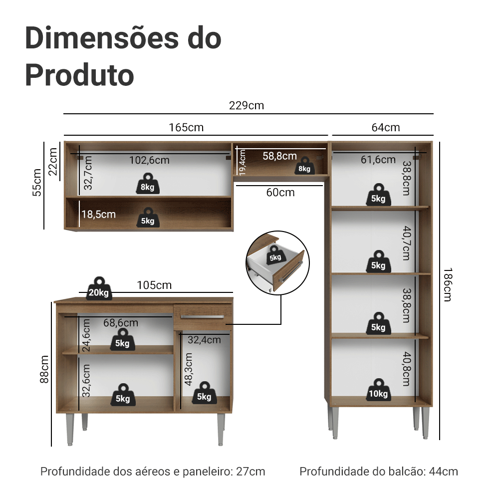Armário de Cozinha Compacta 229cm Branco/Rustic Emilly Pop Madesa 02