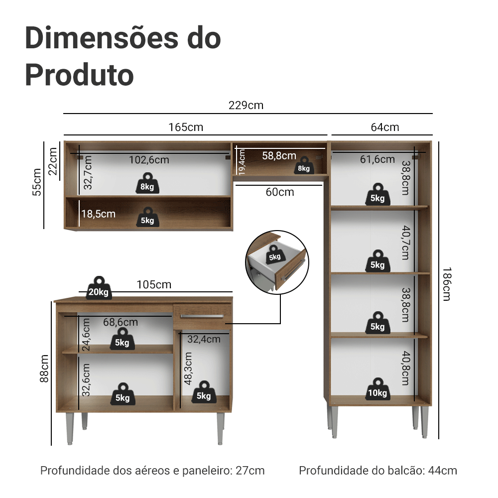 Armário de Cozinha Completa 229cm Rustic/Cinza Emilly Pop Madesa