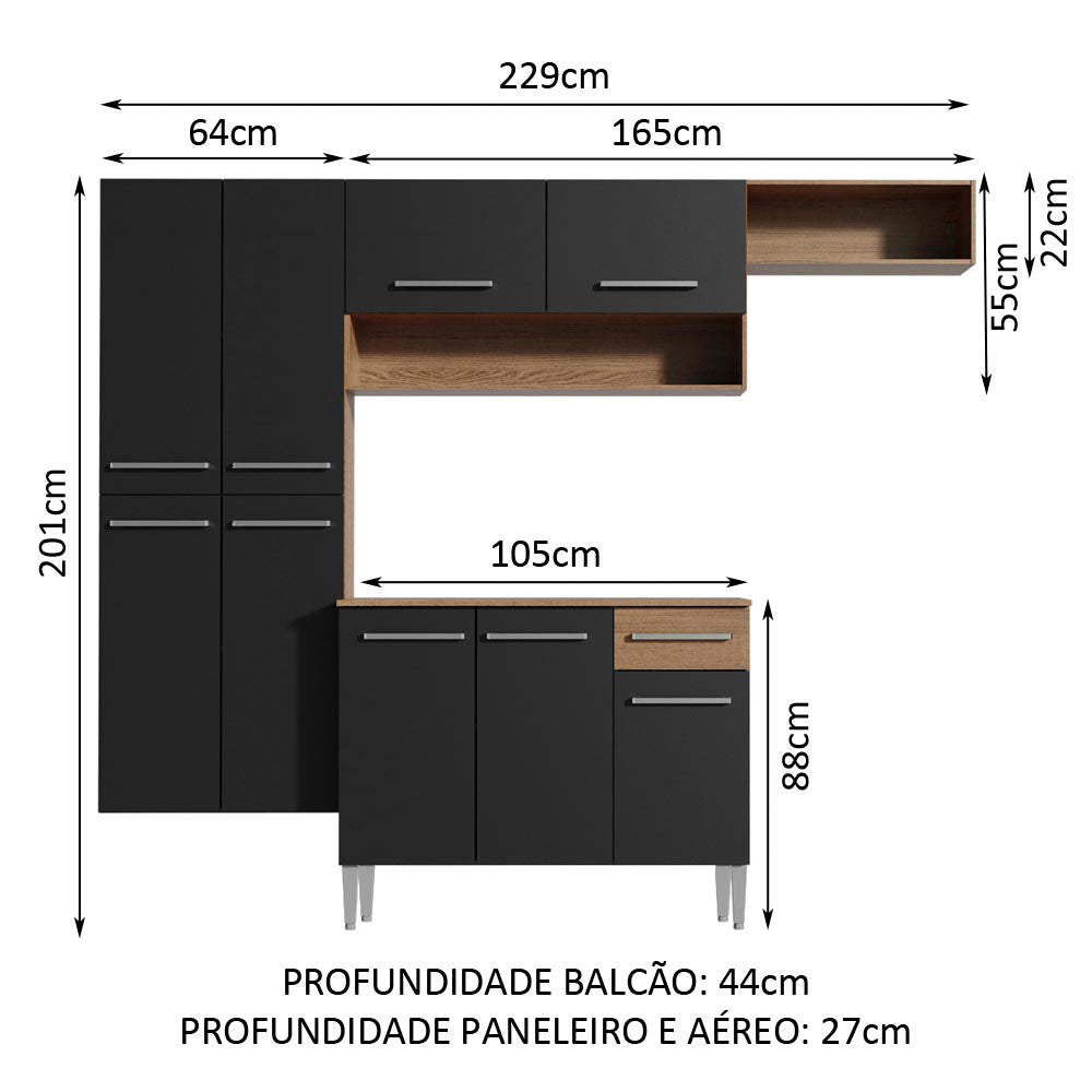 Armário de Cozinha Completa 229cm Rustic/Preto Emilly Fit Madesa 03