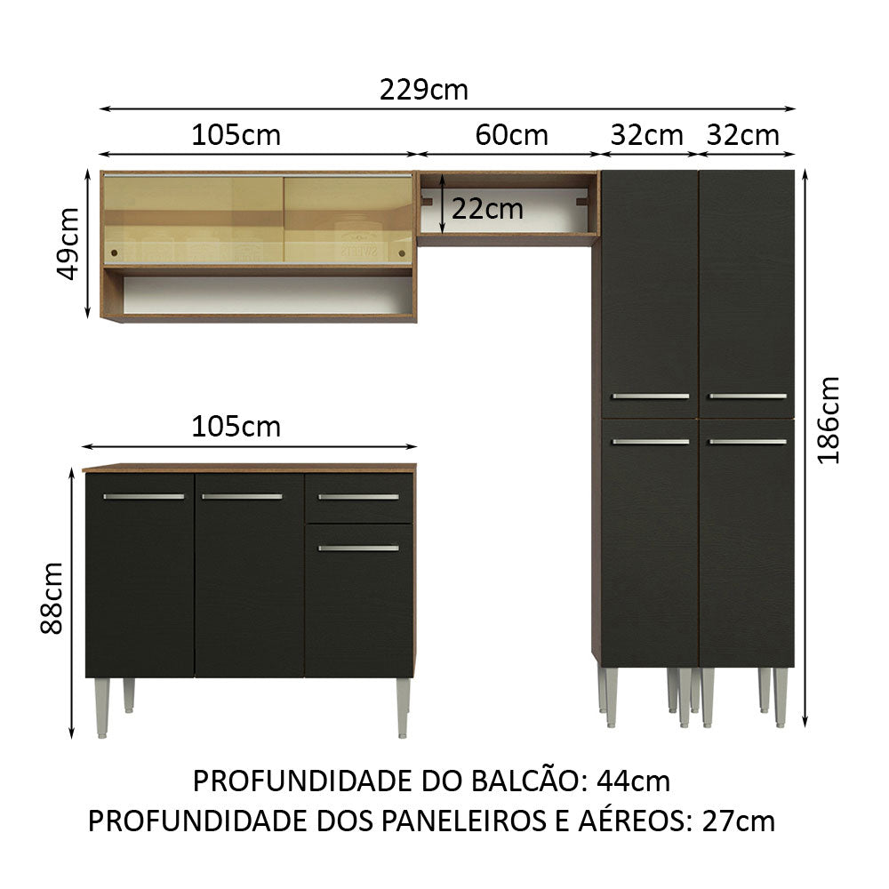Armário de Cozinha Completa 229cm Rustic/Preto Emilly Madesa 04